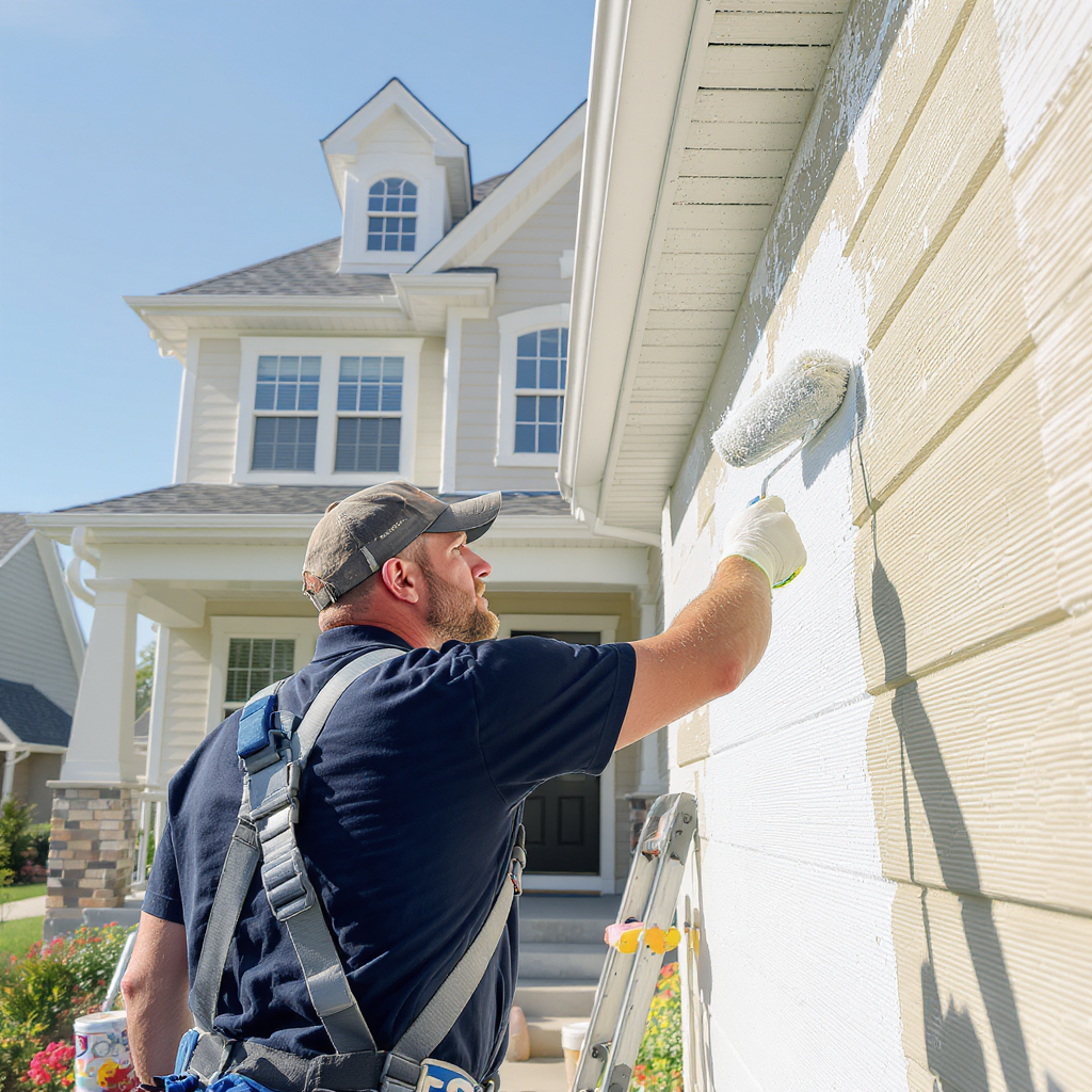A professional house painter at work on a home exterior.
